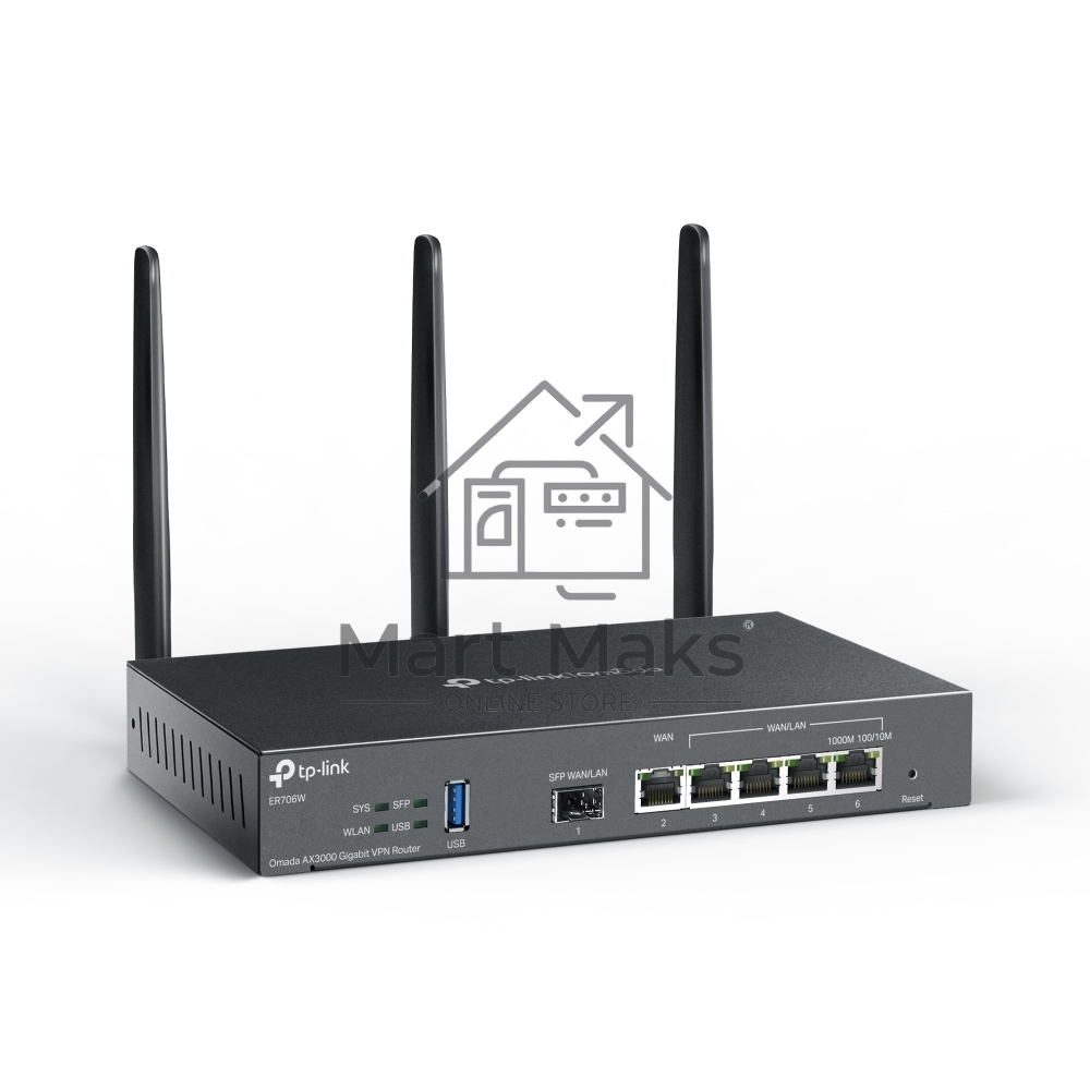 VPN-маршрутизатор TP-Link ER706W Omada с гигабитными портами и поддержкой Wi-Fi AX3000, 1 гиг. SFP WAN/LAN, 1 гиг. RJ45 WAN, 4 гиг. RJ45 WAN/LAN, USB 3.0, до 574 М/с на 2,4 ГГц + до 2402 М/с