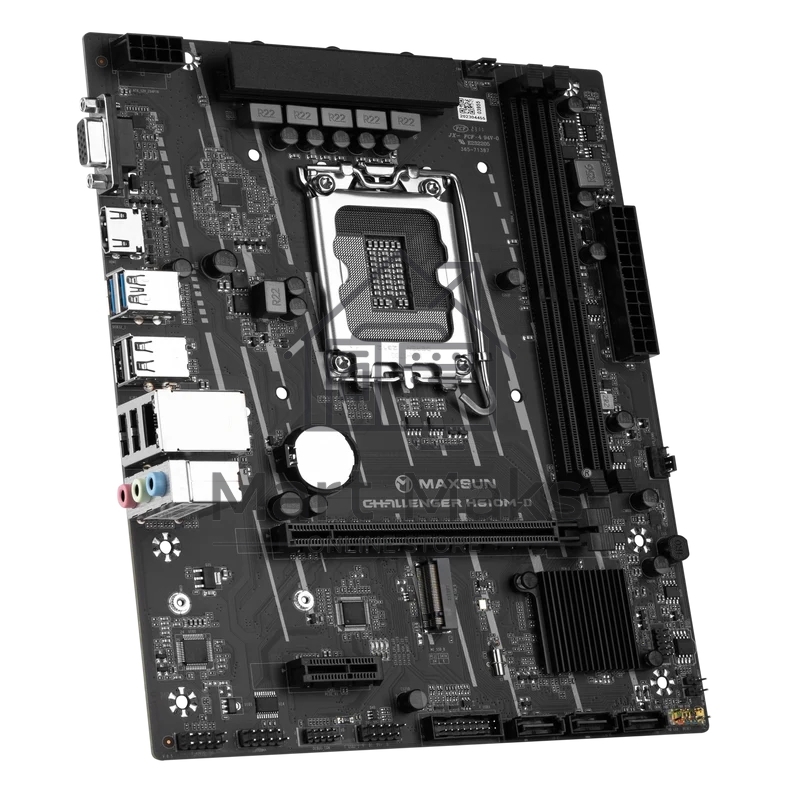 Материнская плата Maxsun MS-Challenger H610M-D, LGA 1700, Intel H610, 2xDDR4, 3xSATA, 1xM.2, 1xPCIe 4.0 x16, 1xPCIe x1, 1xHDMI, 1xVGA, 1x 1Gb LAN, 2xUSB 3.2 Gen 1, 4xUSB 2.0, 3x3.5 мм, 5.1, mATX
