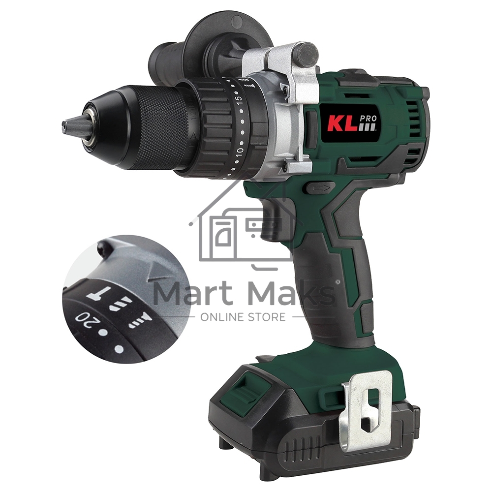 Профессиональный ударный бесщеточный шуруповерт KLPRO KLDM18B-20 (18В, Li-ion-2шт, 2.0А·ч, 60Нм, ручка, З/У, в кейсе)