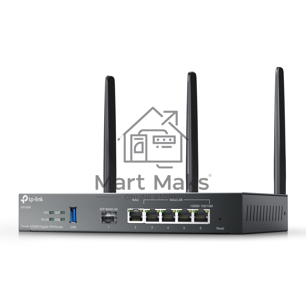 VPN-маршрутизатор TP-Link ER706W Omada с гигабитными портами и поддержкой Wi-Fi AX3000, 1 гиг. SFP WAN/LAN, 1 гиг. RJ45 WAN, 4 гиг. RJ45 WAN/LAN, USB 3.0, до 574 М/с на 2,4 ГГц + до 2402 М/с