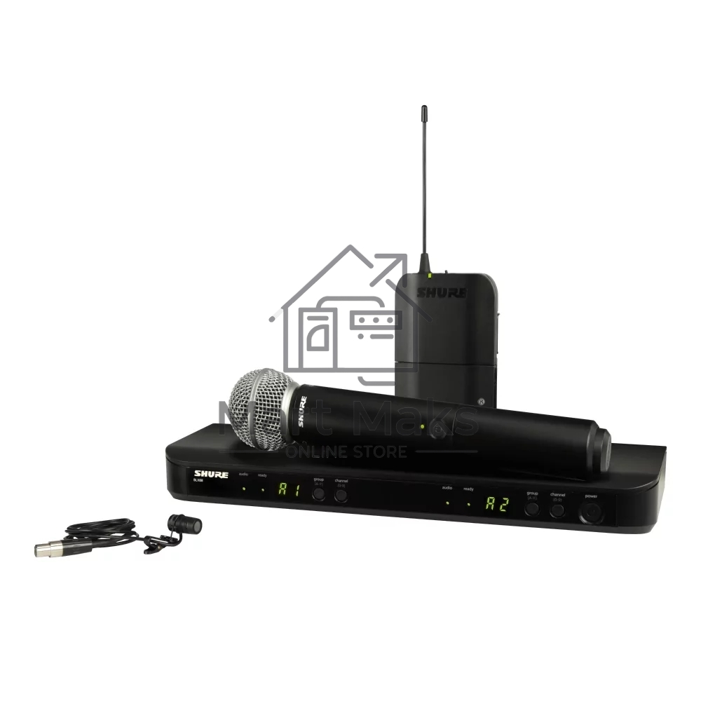 Микрофонная система SHURE BLX1288E/W85-M17 беспроводная, двухканальная, с петличным микрофоном WL185 и ручным передатчиком SM58, частота UHF 662-686 МГц