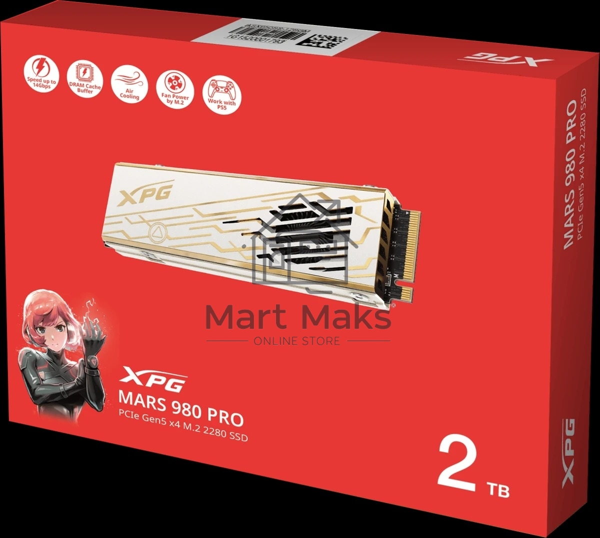 Накопитель SSD ADATA XPG MARS 980 PRO, 2000GB, M.2(22x80mm), NVMe, PCIe 5.0 x4, 3D NAND, R/W 14000/13000MB/s, IOPs 2 000 000/1 650 000, TBW 1480, DWPD 0.4, with Heat Sink (5 лет)