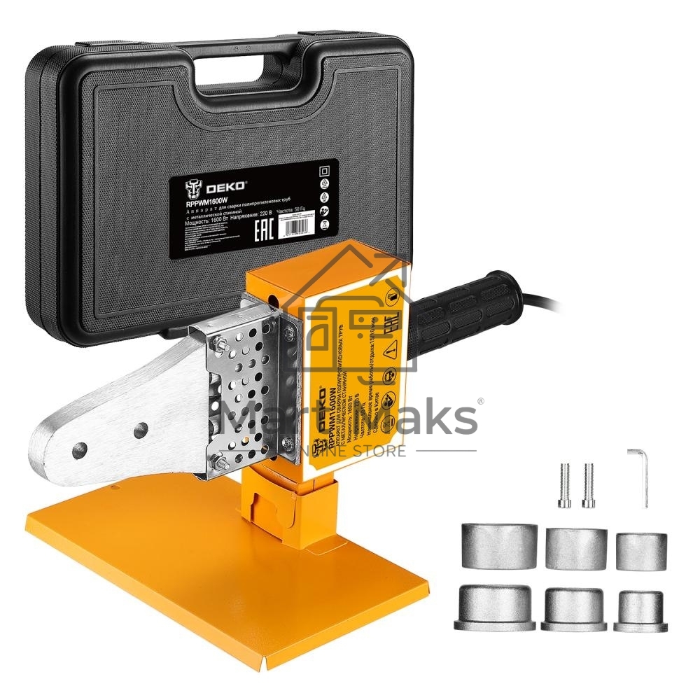 Аппарат для сварки полипропиленовых труб с металлической станиной DEKO RPPWM1600W в пластиковом кейсе, 3 насадки (20-32