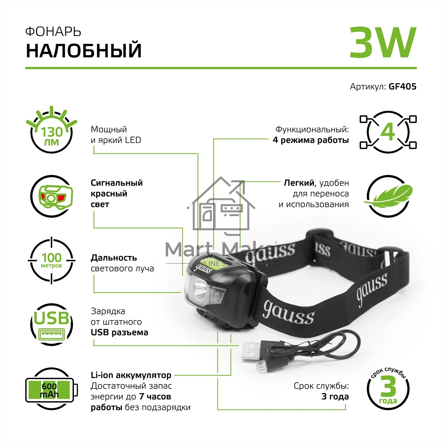 Фонарь налобный Gauss GFL405 черный 3Вт лам.:светодиод. (GF405)