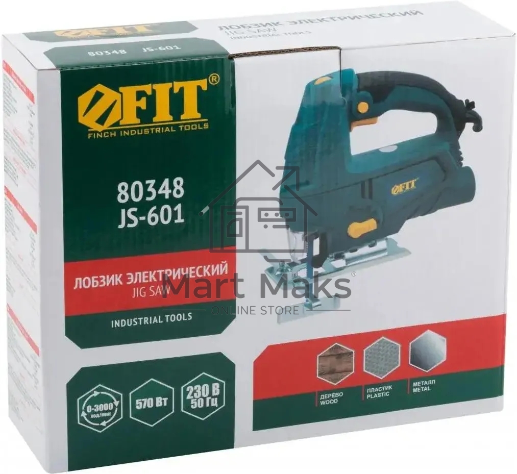 Лобзик FIT JS-601 570 Вт, 0-3000 ход/мин, БзП, маятник, 65 мм, 1,9 кг, рез. накл., коробка