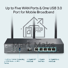 VPN-маршрутизатор TP-Link ER706W Omada с гигабитными портами и поддержкой Wi-Fi AX3000, 1 гиг. SFP WAN/LAN, 1 гиг. RJ45 WAN, 4 гиг. RJ45 WAN/LAN, USB 3.0, до 574 М/с на 2,4 ГГц + до 2402 М/с