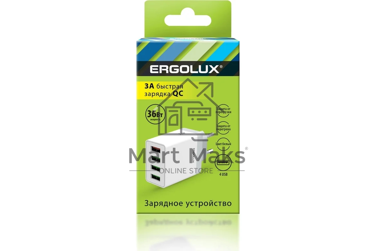 Адаптер сетевой ELX-РA02QC-C01 36Вт 4USB 100-220В 5-9В/3А 1QC+3/3А коробка бел. Ergolux 15292