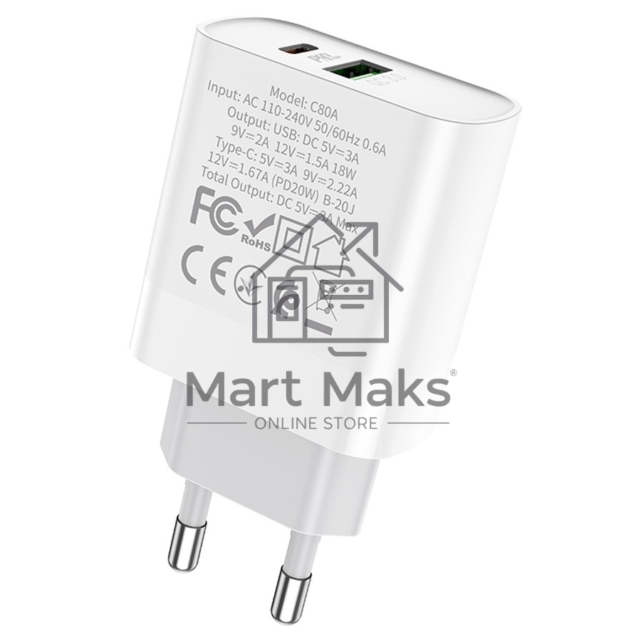Сетевое зарядное устройство HOCO C80A Rapido 1xUSB + 1xUSB-C, 3.1A, 20W, белый