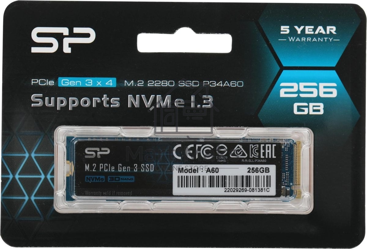 Накопитель SSD Silicon Power M-Series, 256Gb, PCIe 3.0 x4, M.2 2280, NVMe, R/W 2200/1600