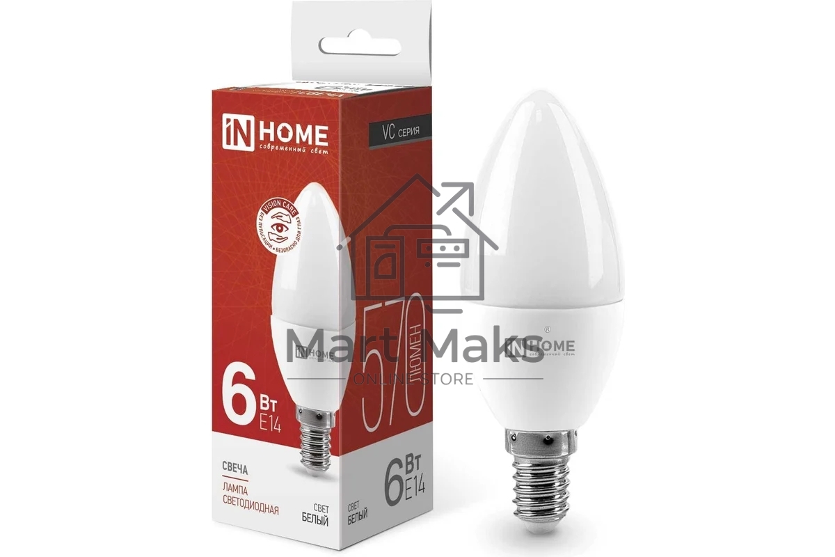 Лампа светодиодная IN HOME 4690612020396 LED-Свеча-VC 6 Вт свеча 4000К нейтр. бел. E14 540 лм 230В