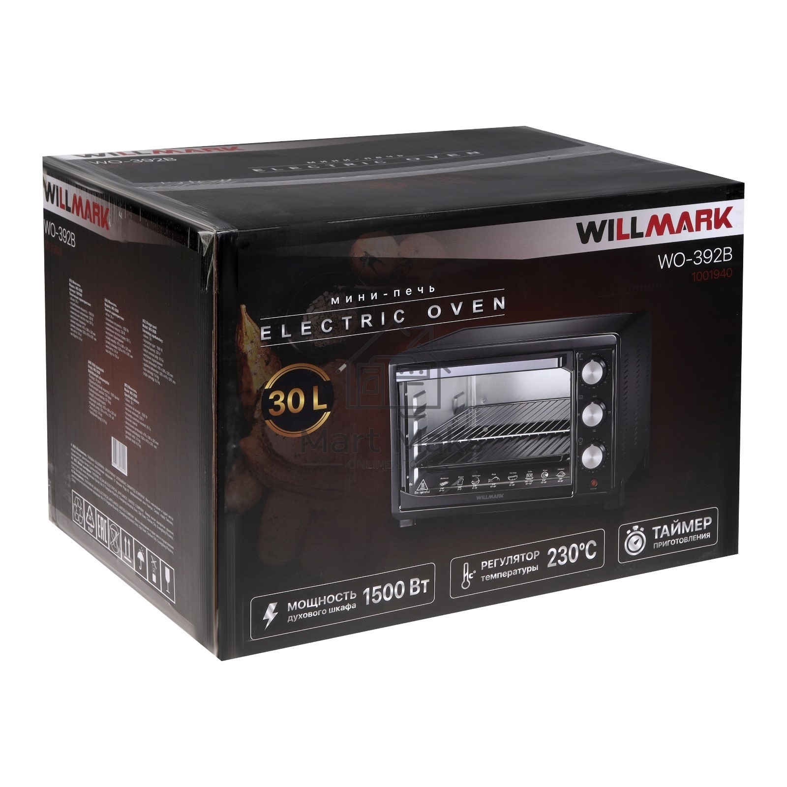 Мини-печь Willmark WO-392B (30 литров, таймер, термостат,230С, 1500Вт, черный)