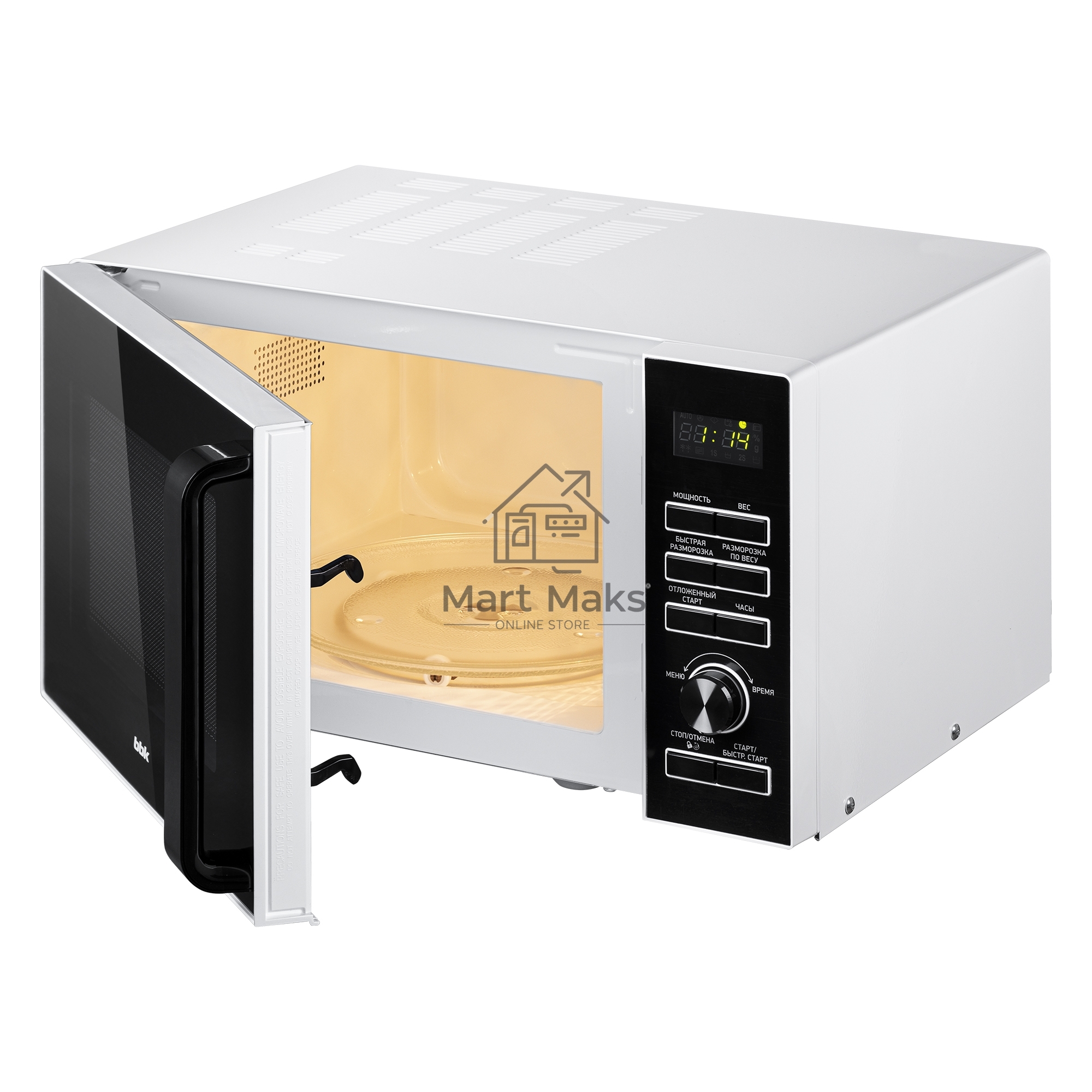 Микроволновая печь BBK 25MWS-970T/WB белый, 25 л, 900 Вт, поворотный механизм/кнопки