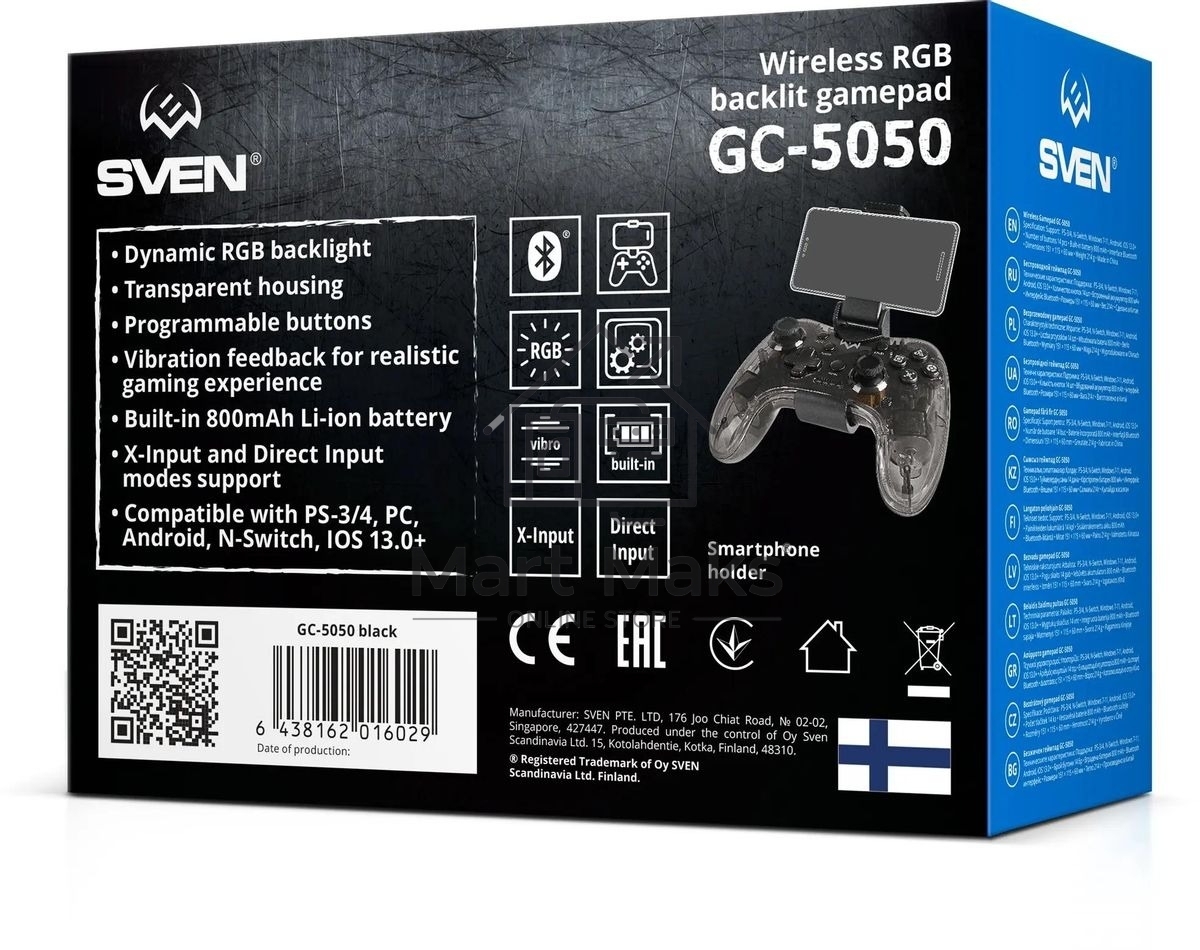 Геймпад Sven GC-5050 черный Bluetooth Беспроводной виброотдача обратная связь (в компл.:держатель для смартфона/кабель USB) (SV-016029)