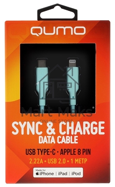 Кабель QUMO, MFI С94, Type-C на MFI Apple 8 pin, силиконовый, 1м, 2,22A, 9V, 20W, PD (голубой)