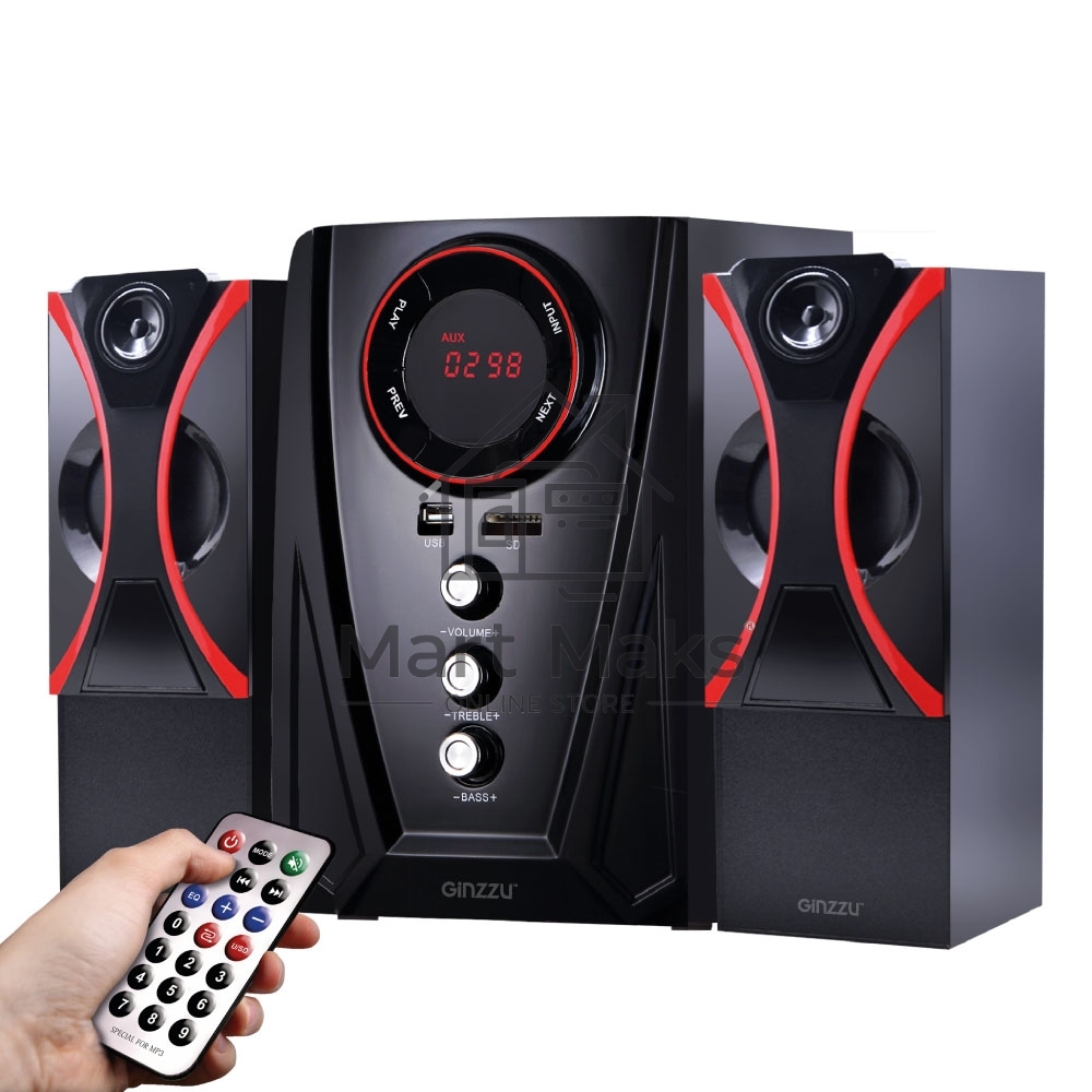 Мультимедийная акустическая система GINZZU GM-407 2.1 с Bluetooth. Выходная мощность (RMS) 40 Вт. Диапазон воспроизводимых частот: 40Гц - 20КГц. Bluetooth: V2.1. Встроенный аудио-плеер: SD-card, USB-flash до 32 ГБ. FM радио: 87.5МГц - 108.0МГц. Вход AUX: 