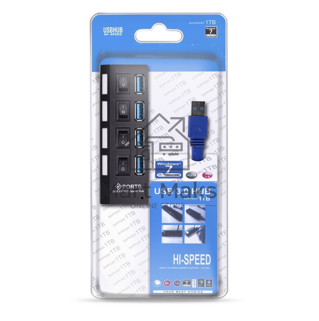 USB-хаб Smartbuy (SBHA-7304-B) USB 3.0 хаб + выкл., 4 порта, черный