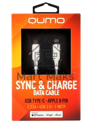 Кабель QUMO, MFI С94, Type-C на MFI Apple 8 pin, силиконовый, 1м, 2,22A, 9V, 20W, PD (белый)