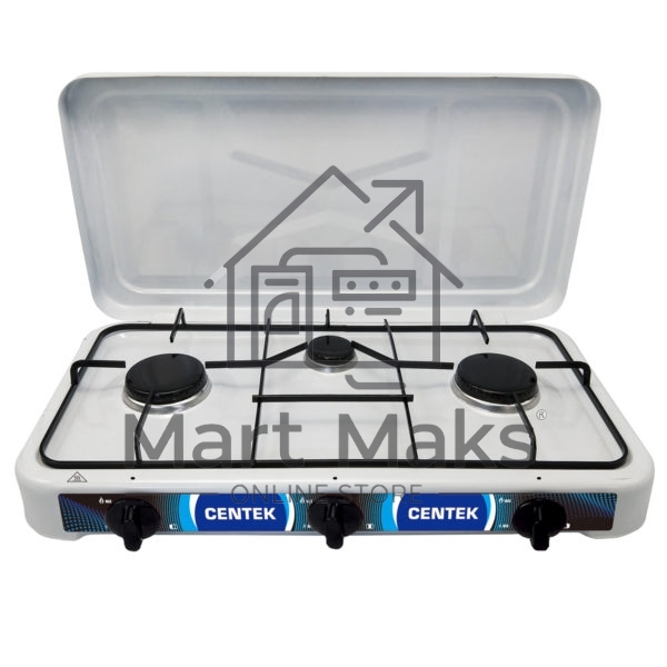 Газовая плитка Centek CT-1522 белый 3 конфорки, КРЫШКА, сменные форсунки баллон/магистраль