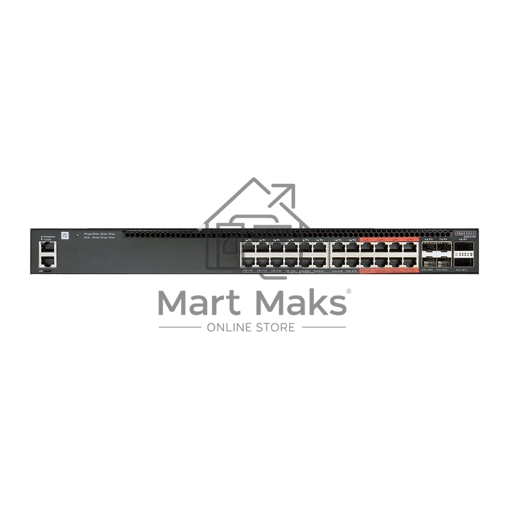 Коммутатор 4610-30P-O-AC-F Edge-corE AS4610-30P, 24-Port GE RJ45 port PoE+, last 8 ports Ultra-PoE, 960W PoE Bugdet, 4x10G SFP+, 2 port 20G QSFP+ for stacking, Broadcom Helix 4, Dual-core ARM Cortex A9 1GHz, dual 110-230VAC 600W hot-swappable PSUs, one fi