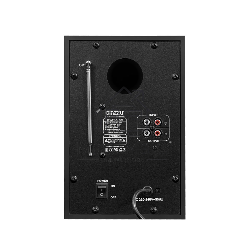 Мультимедийная акустическая система GINZZU GM-407 2.1 с Bluetooth. Выходная мощность (RMS) 40 Вт. Диапазон воспроизводимых частот: 40Гц - 20КГц. Bluetooth: V2.1. Встроенный аудио-плеер: SD-card, USB-flash до 32 ГБ. FM радио: 87.5МГц - 108.0МГц. Вход AUX: 