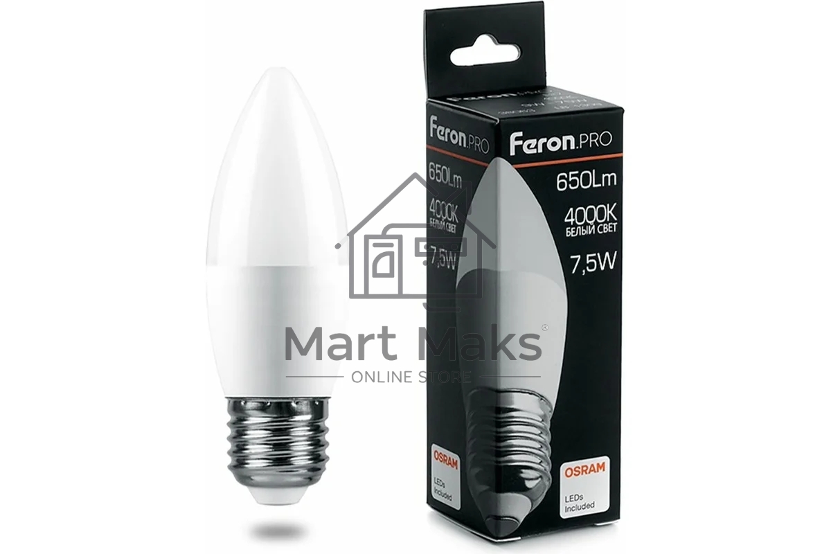 Лампа светодиодная FERON PRO LB-1307 (38057) 7.5 вт Е27 белый матовая свеча
