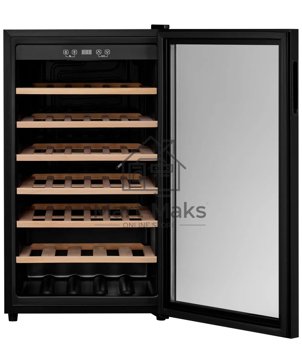 Винный шкаф Kuppersberg RSW 82, отдельностоящий, High-Tech, объем 128 л, вместимость 40 бутылок, диапазон температуры 5-20 градусов, механическое открытие двери, 6 полок из бука, LCD дисплей, уровень шума 38 дБ, черный