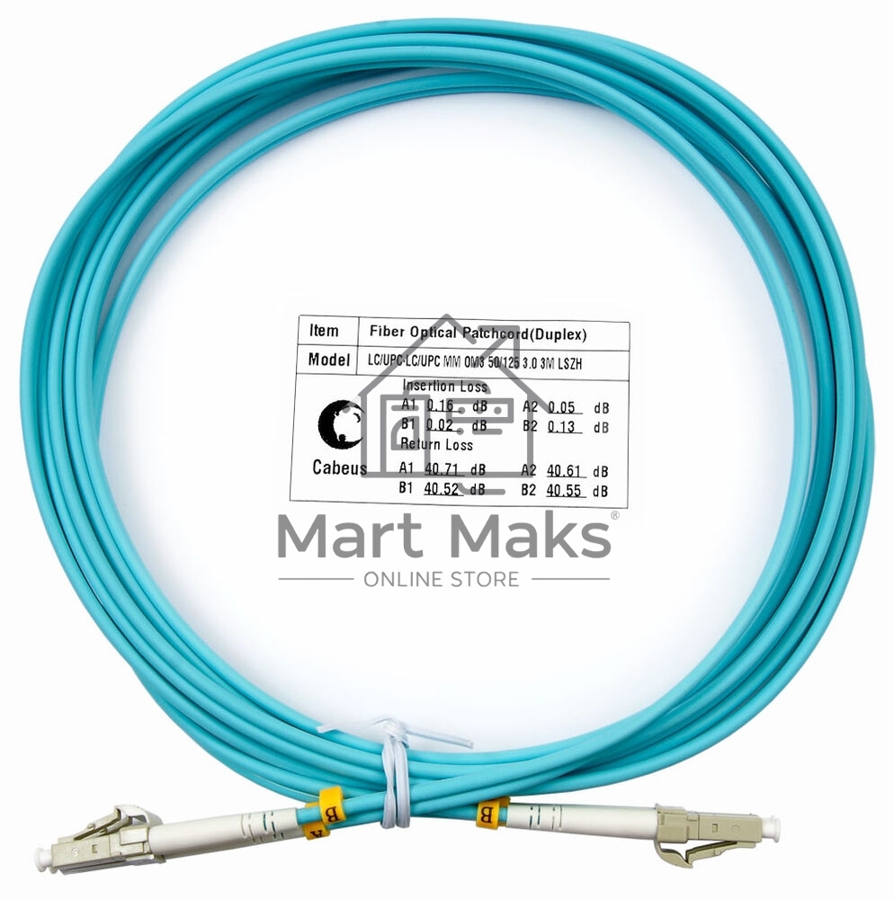 Патч-корд оптический Cabeus Tight Buffer FOP-50-LC-LC-3m Duplex LC/LC, OM3 50/125, LSZH, 3м, Ø 3мм, серый хвостовик, аква