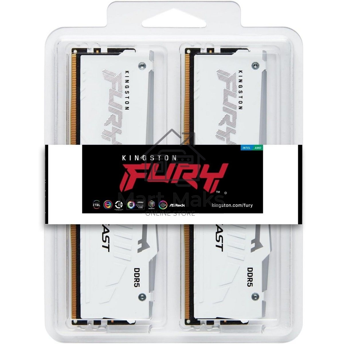 Оперативная память Kingston Fury Beast, DDR5, 32GB (2x16GB), 6000MHz, CL36, DIMM, с радиаторами, RGB, белый