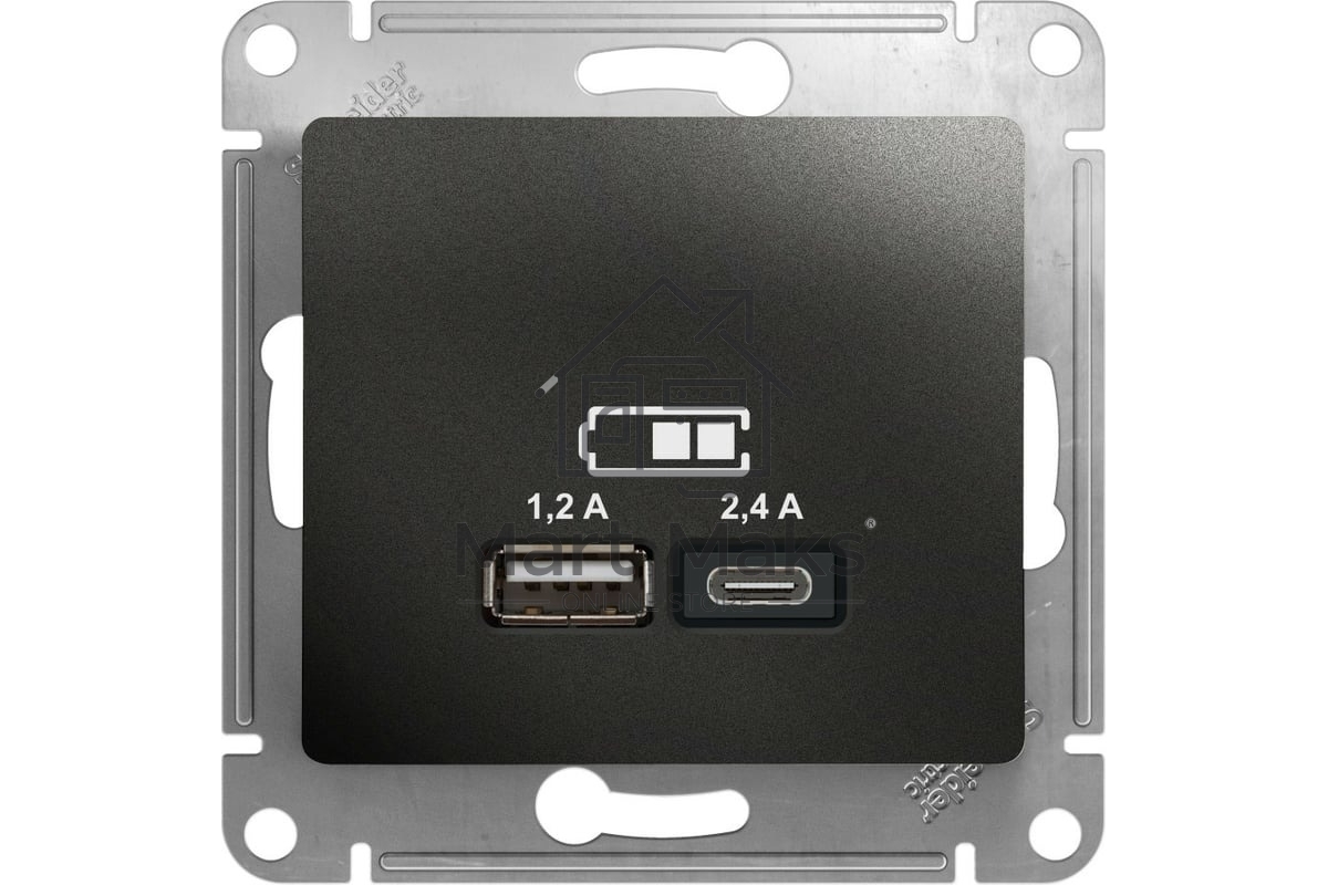 Розетка SE Glossa USB A+С, 5В/2,4А, 2х5В/1,2А антрацит