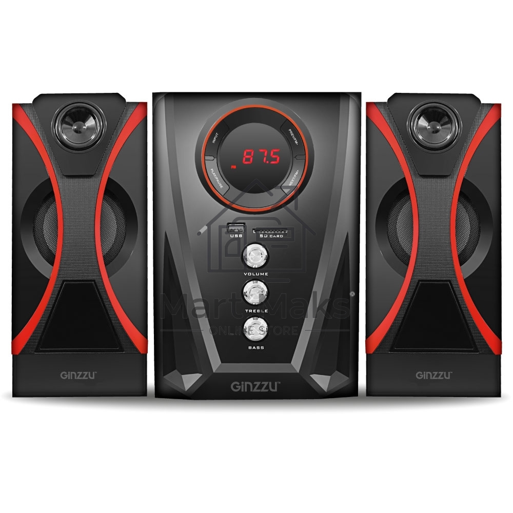 Мультимедийная акустическая система GINZZU GM-407 2.1 с Bluetooth. Выходная мощность (RMS) 40 Вт. Диапазон воспроизводимых частот: 40Гц - 20КГц. Bluetooth: V2.1. Встроенный аудио-плеер: SD-card, USB-flash до 32 ГБ. FM радио: 87.5МГц - 108.0МГц. Вход AUX: 