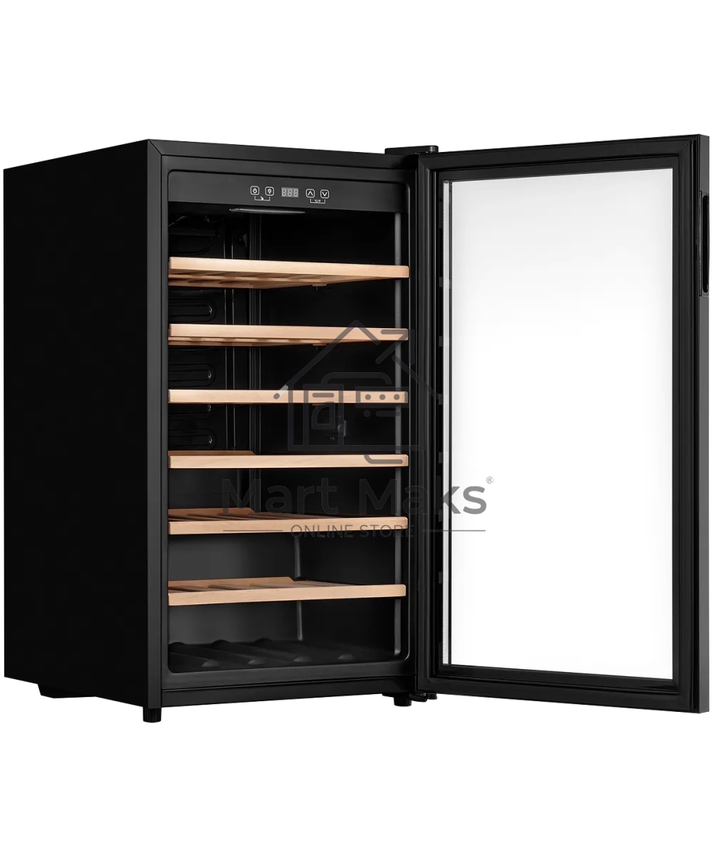 Винный шкаф Kuppersberg RSW 82, отдельностоящий, High-Tech, объем 128 л, вместимость 40 бутылок, диапазон температуры 5-20 градусов, механическое открытие двери, 6 полок из бука, LCD дисплей, уровень шума 38 дБ, черный
