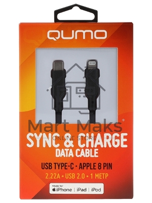 Кабель QUMO, MFI С94, Type-C на MFI Apple 8 pin, силиконовый, 1м, 2,22A, 9V, 20W, PD черный