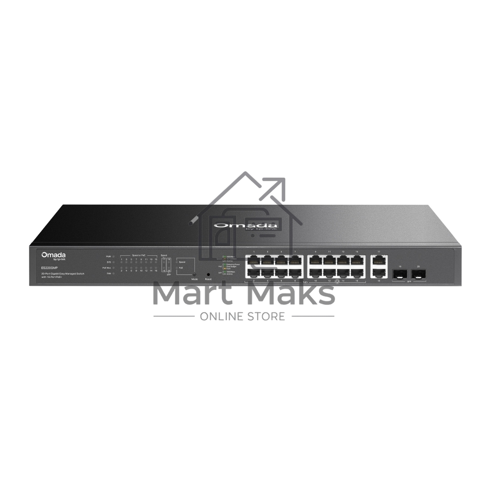 Коммутатор TP-Link Omada ES220GMP, 16×1 Гбит/с PoE+ + 2×1 Гбит/с Uplink + 2×1 Гбит/с SFP, настраиваемый