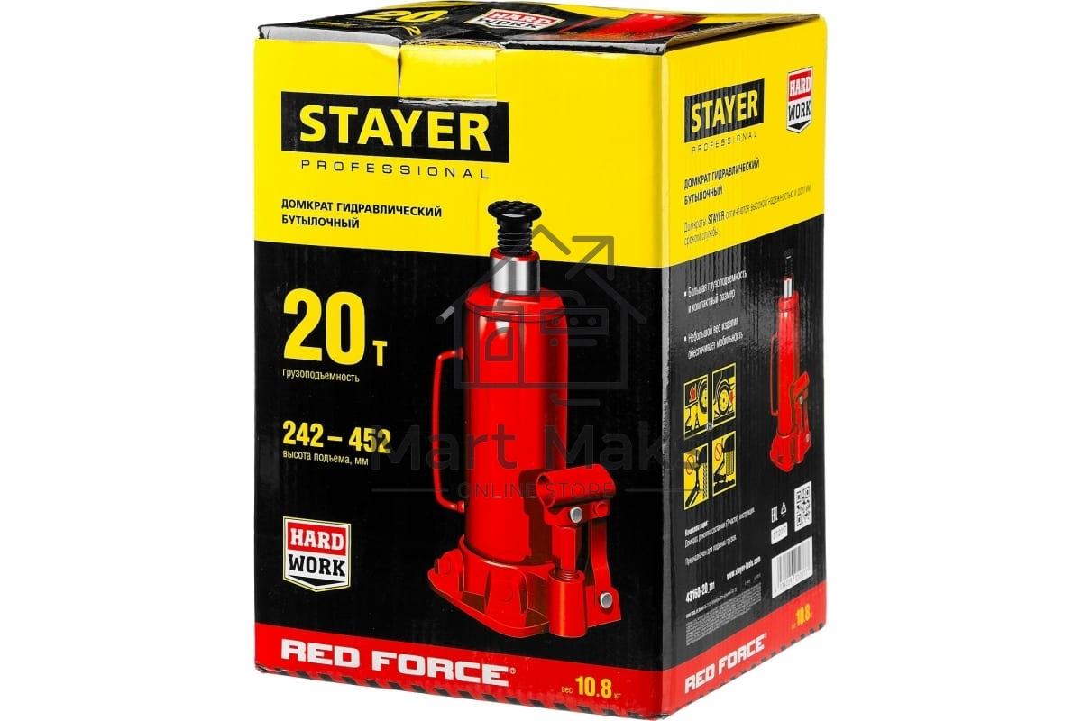 Домкрат STAYER 43160-20_z01 гидравлический бутылочный red force 20т 242-452мм