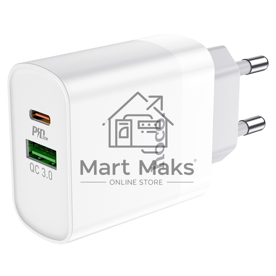 Сетевое зарядное устройство HOCO C80A Rapido 1xUSB + 1xUSB-C, 3.1A, 20W, белый