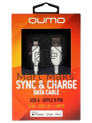 Кабель QUMO, MFI С48, USB-A на Apple 8 pin, силиконовый, 1м, 2,4A, 5V, 12W (белый)