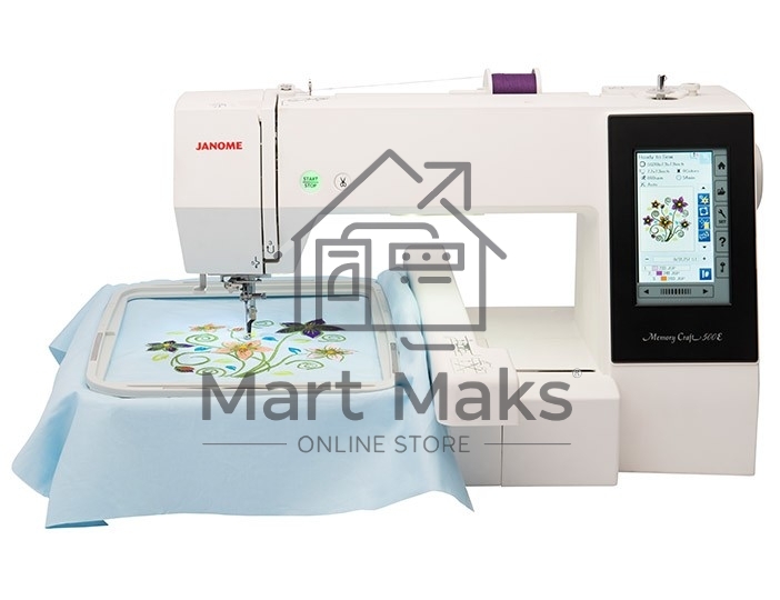 Швейная машина Janome Memory Craft 500Е 160 вышив.дизайнов, алфавит 6 видов, в том числе русский, монограммы в 2, 3 буквы и эмблемы, бордюры 46 видов, швейные строчки 52 образца, макс.поле вышивки 200х280 мм, увелич.рабочая поверхность, прямое соединение 
