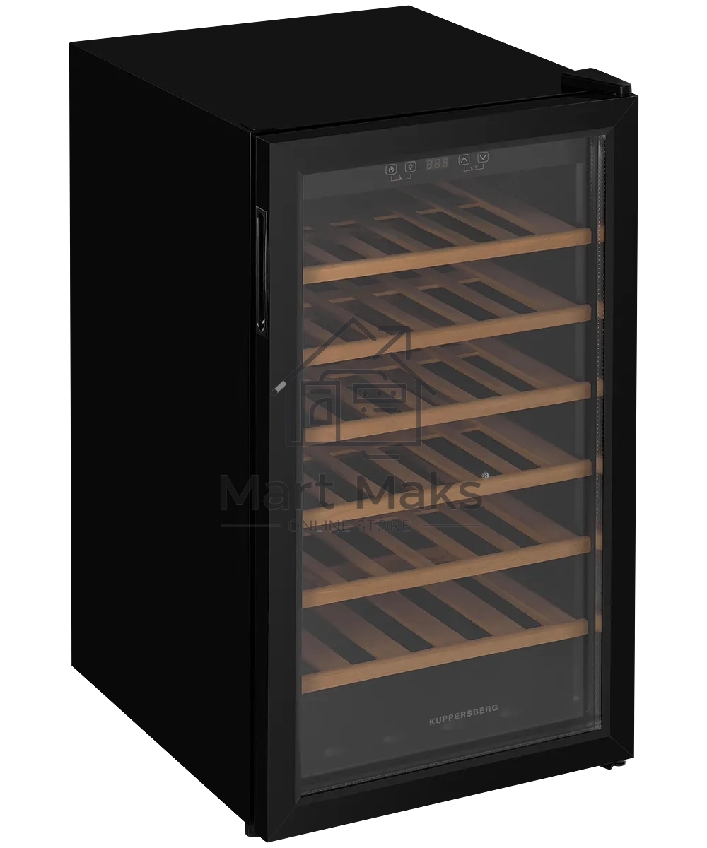 Винный шкаф Kuppersberg RSW 82, отдельностоящий, High-Tech, объем 128 л, вместимость 40 бутылок, диапазон температуры 5-20 градусов, механическое открытие двери, 6 полок из бука, LCD дисплей, уровень шума 38 дБ, черный