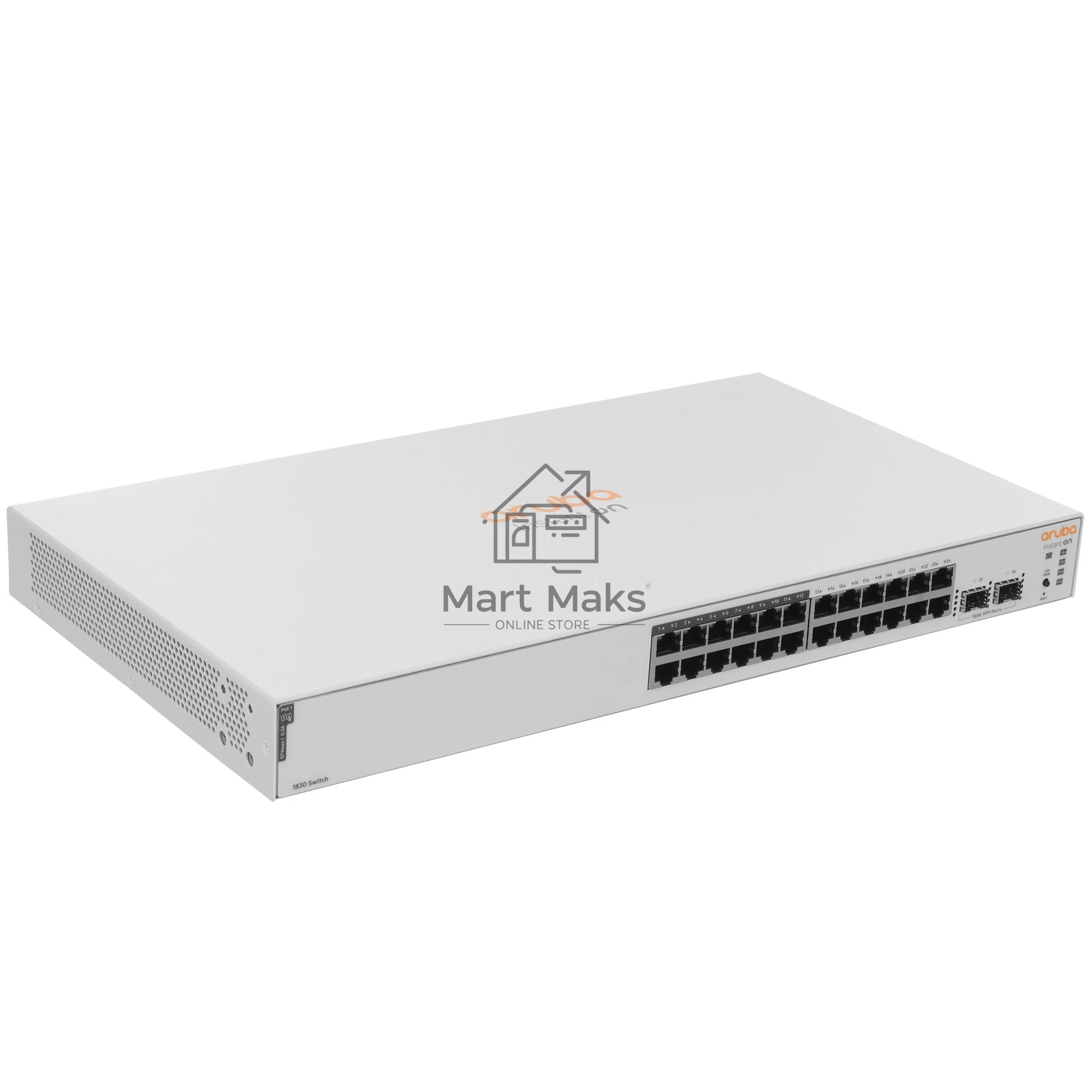 Коммутатор HPE Instant On 1830 24G 2SFP 12PoE+ 195W, 12×1 Гбит/с PoE+ + 2×1 Гбит/с SFP, настраиваемый