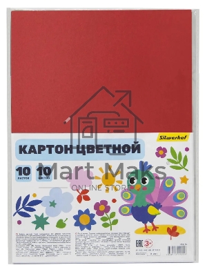 Картон цветной Silwerhof ассорти немелованная 10л. 10цв. A4 Веселый павлин 230г/м2 1диз. ПЭТ (упаковка: 25шт)