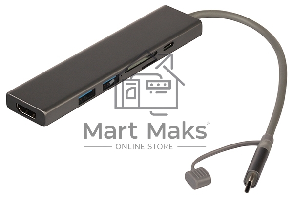 Док-станция Qumo Dock 7 (HB-0008), Type-C, PD, HDMI, 4k 30Hz, 1080p 60 Hz, GE1000 MBS, 4 USB 3.0, 20 см, SD, Micro SD, металлический корпус, темно-серый