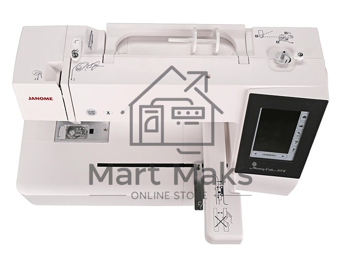 Швейная машина Janome Memory Craft 500Е 160 вышив.дизайнов, алфавит 6 видов, в том числе русский, монограммы в 2, 3 буквы и эмблемы, бордюры 46 видов, швейные строчки 52 образца, макс.поле вышивки 200х280 мм, увелич.рабочая поверхность, прямое соединение 