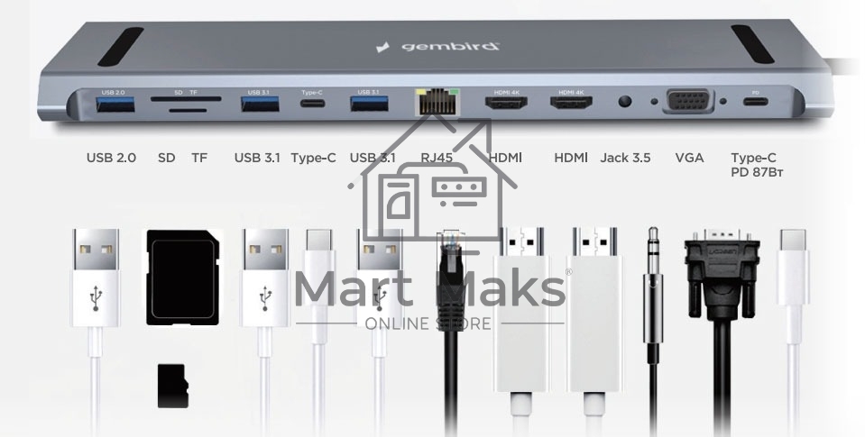 Док-станция Type-C Gembird UHB-D6, 12в1: 2xUSB3.1, USB2.0, RJ45, Type-C PD87W, Jack 3.5, SD/TF, 2xHDMI, VGA, Type-C, кабель 23см, алюминий