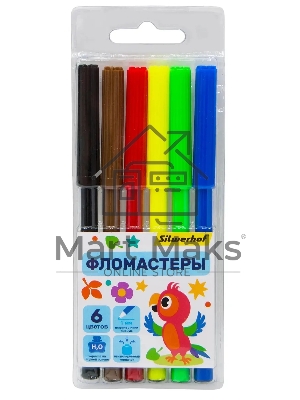 Фломастеры Silwerhof Веселые друзья 7.5мм 125мм, круглый корпус, вентилируемый колпачок, 6 цветов, пакет с европодвесом