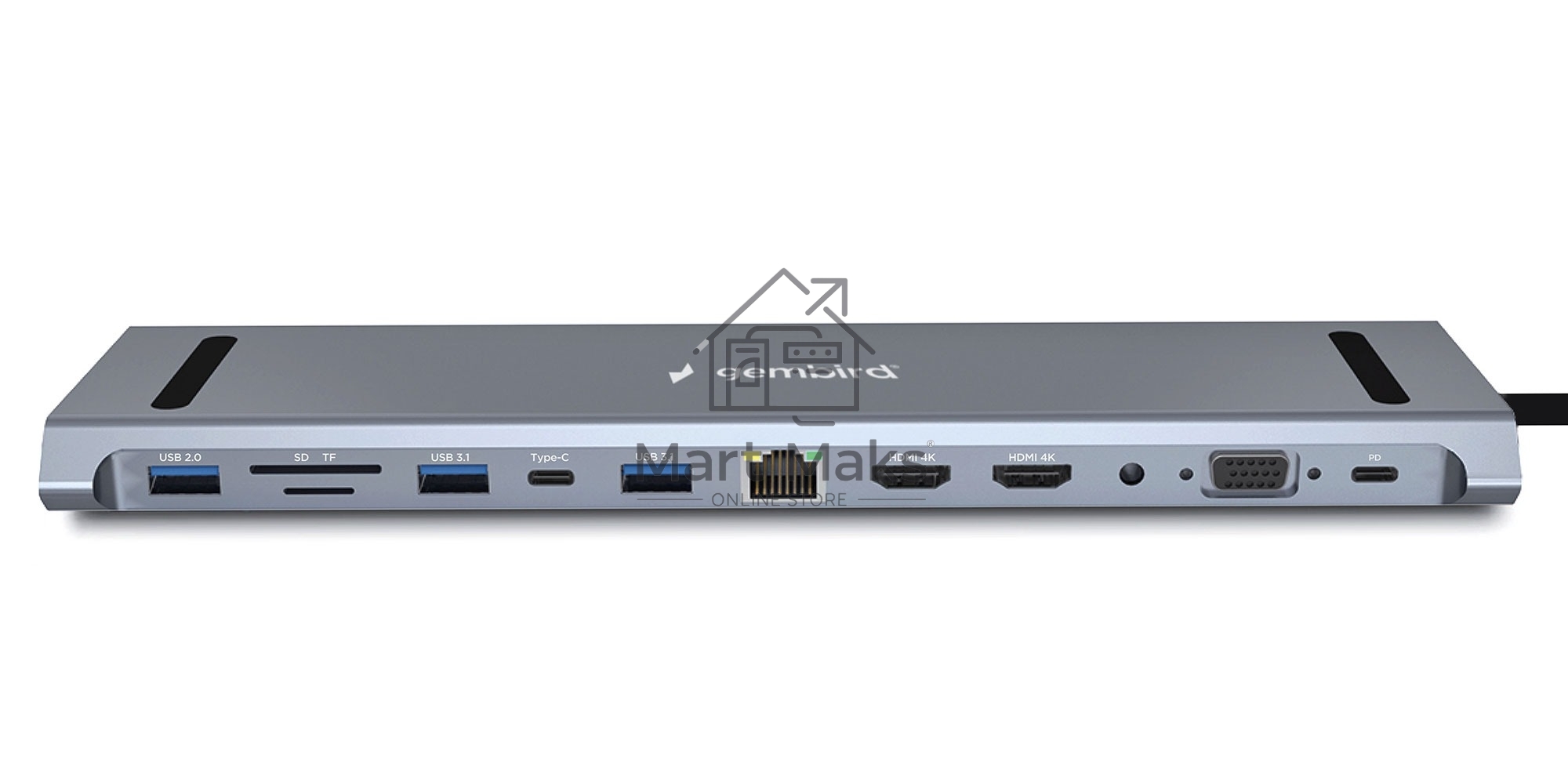 Док-станция Type-C Gembird UHB-D6, 12в1: 2xUSB3.1, USB2.0, RJ45, Type-C PD87W, Jack 3.5, SD/TF, 2xHDMI, VGA, Type-C, кабель 23см, алюминий