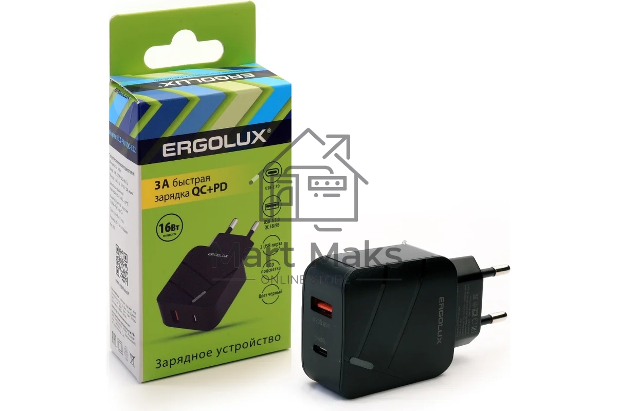Адаптер сетевой Ergolux ELX-РA01QC-C02 1USB+1Type C 100-220В 5-9В/3А QC коробка черный Ergolux