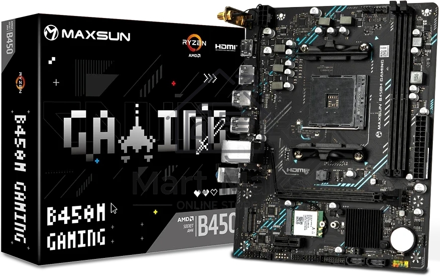 Материнская плата Maxsun B450M GAMING WIFI, AM4, AMD B450, 2xDDR4 (до 64 ГБ), 2xSATA, 1xM.2 (PCIe 3.0 x4), 1xPCIe 3.0 x16, 1xPCIe 3.0 x1, 1xHDMI, 1xDP, 1x1Gb LAN, Wi-Fi 5, Bluetooth 4.2, 4xUSB-A 5Gbps, 2xUSB-A 2.0, 3x3.5 мм, 7.1, mATX