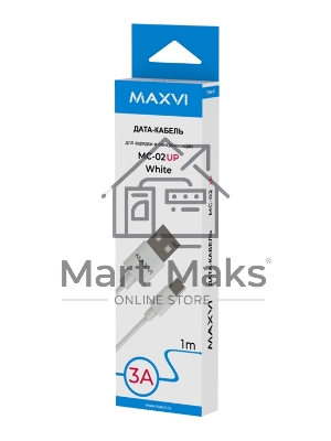 Кабель Maxvi MC-02 UP white USB-A - Type-C, 3A ток макс. нагрузки 3А, макс. напряжение 5V, длина кабеля 1м, материал PVC, белый