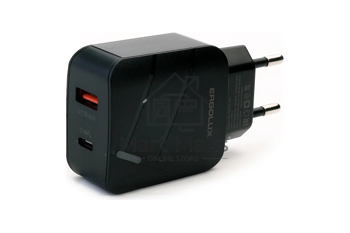 Адаптер сетевой Ergolux ELX-РA01QC-C02 1USB+1Type C 100-220В 5-9В/3А QC коробка черный Ergolux