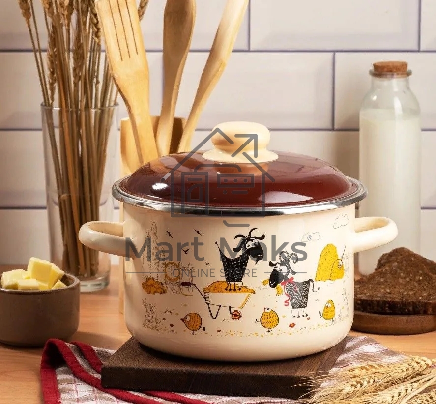 Кастрюля Appetite 6RD181M Подворье с крышкой, цилиндрическая, эмалированная сталь 3 л